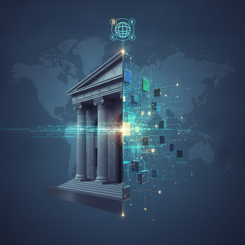 A powerful visual metaphor showing the seamless integration of traditional finance and the cryptocur