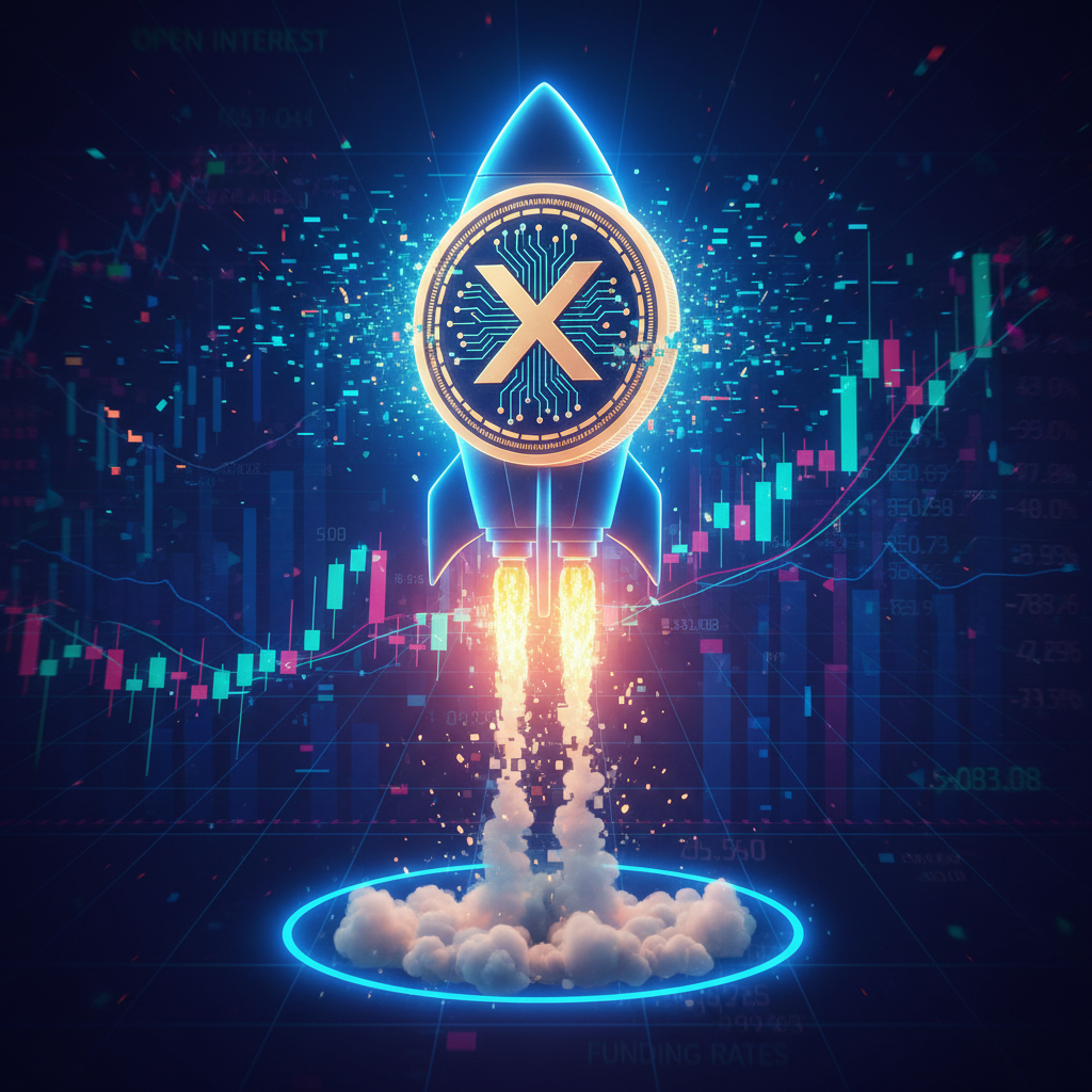 An abstract visual representation of a rapidly surging altcoin. A stylized, glowing crypto coin symb