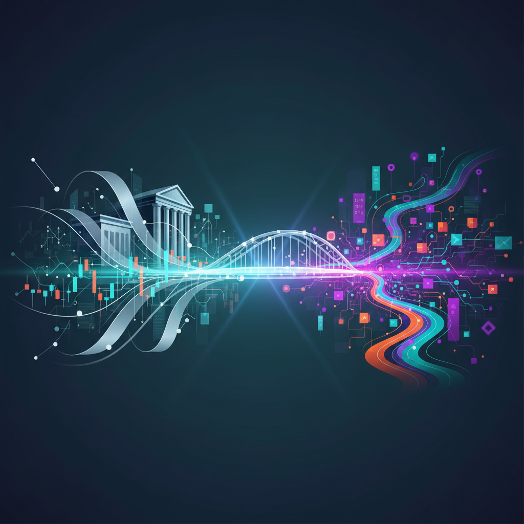 A sophisticated digital illustration representing the seamless convergence of traditional finance an