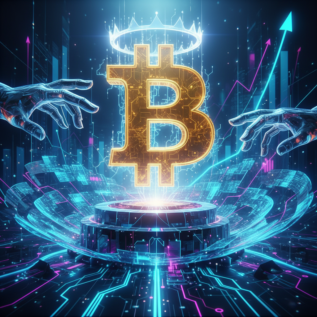 A powerful and symbolic image of a stylized, glowing Bitcoin symbol, acting as a digital king, firml