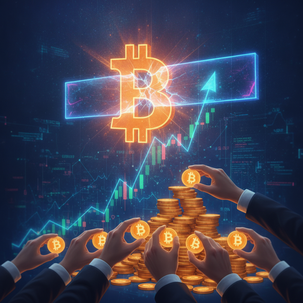 A dynamic illustration depicting a large, glowing Bitcoin symbol pushing against a visible, strong d