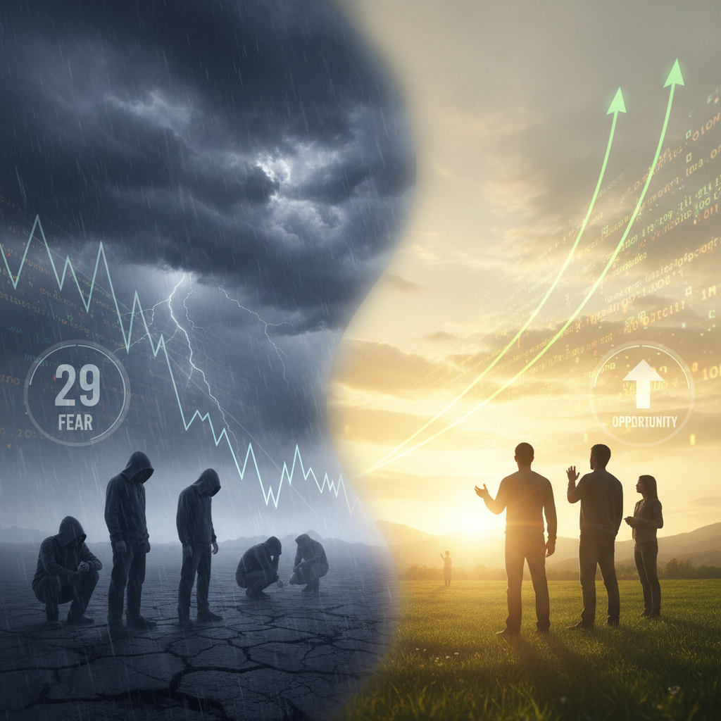 A split image representing the 'Fear and Greed' in the cryptocurrency market. On one side, a gloomy,