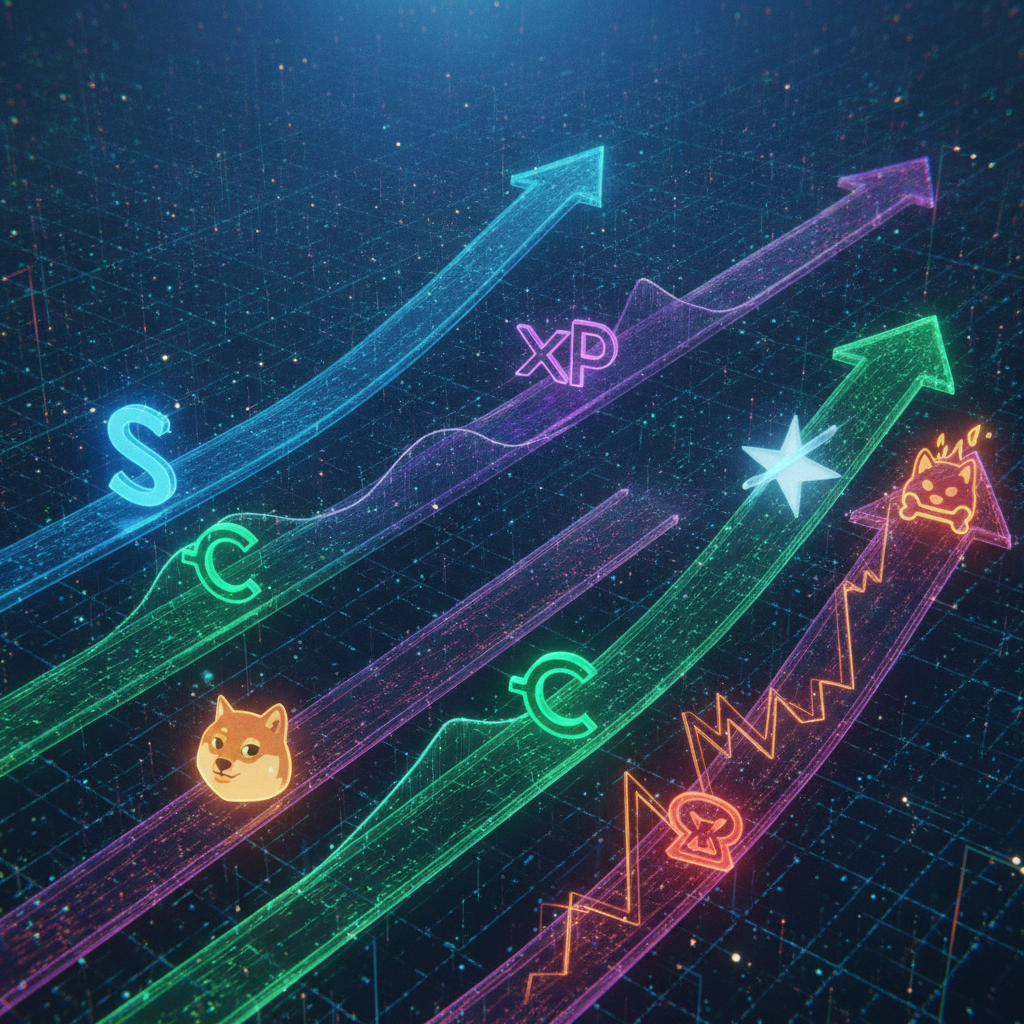 A vibrant, high-tech digital art piece illustrating the diverse and dynamic paths of various altcoin