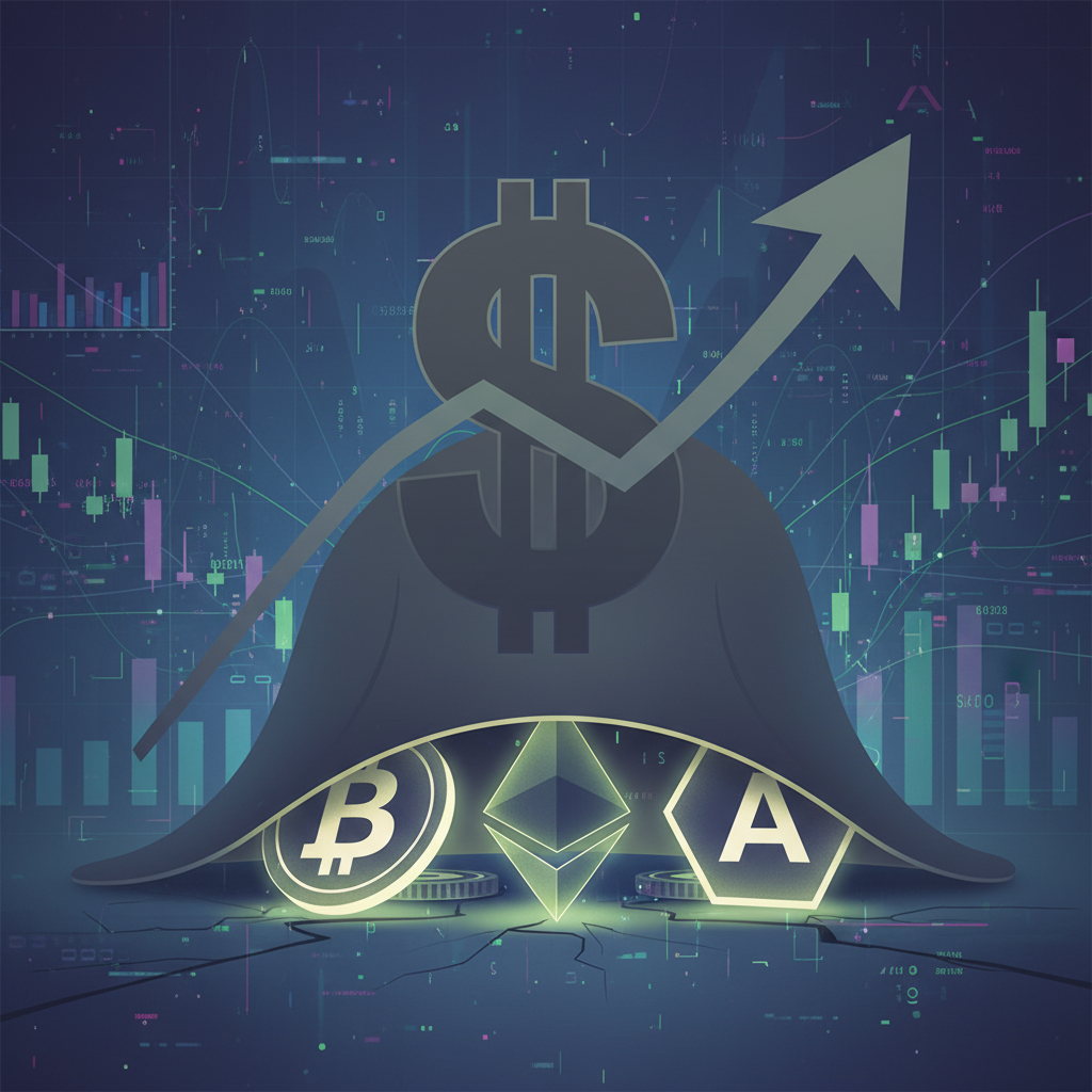 A symbolic depiction of heavy macroeconomic pressures impacting the cryptocurrency market. A large, 