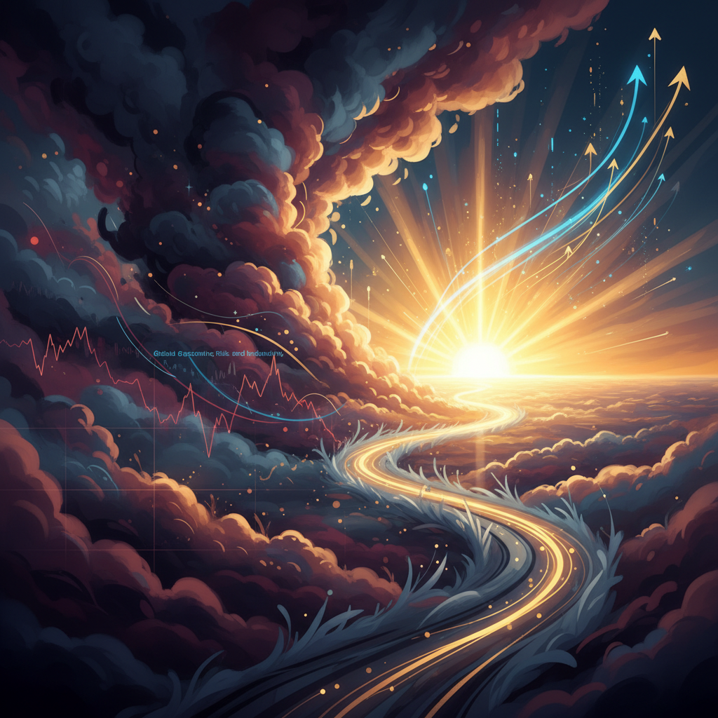 A visual metaphor depicting global economic uncertainty contrasted with emerging hope. On one side, 