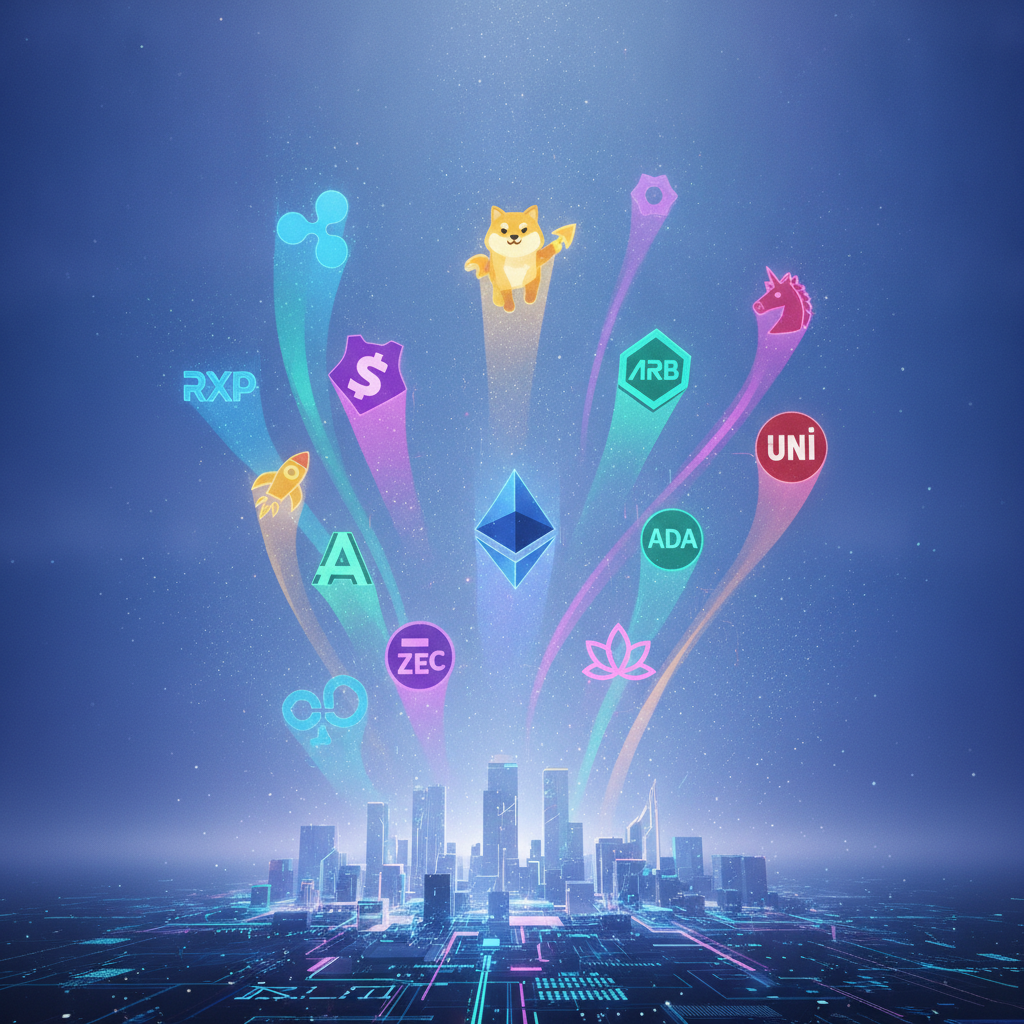 A vibrant and dynamic digital landscape depicting an energetic altcoin rally. Numerous colorful and 