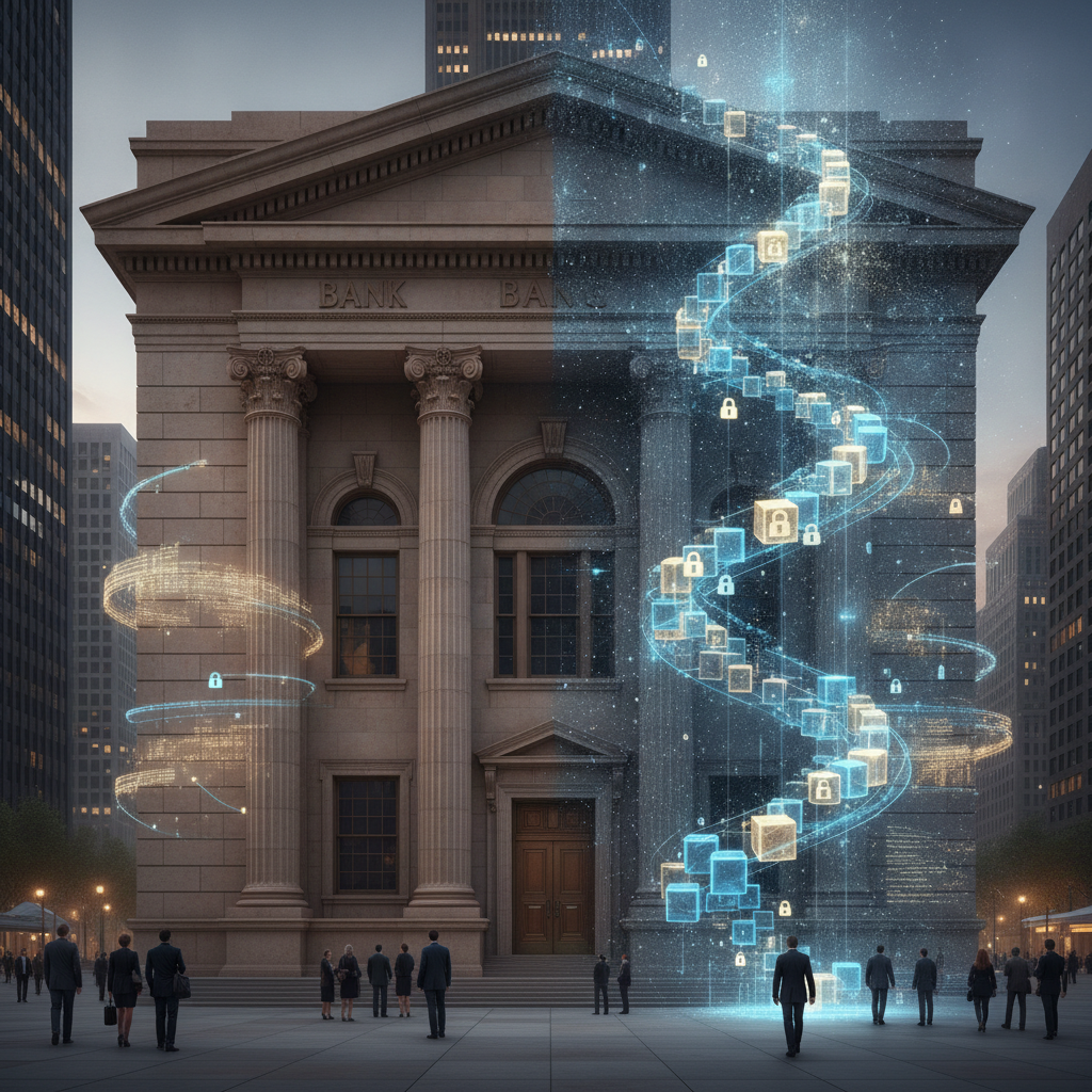 A visually compelling blend of a traditional, sturdy bank building facade on one side, seamlessly me