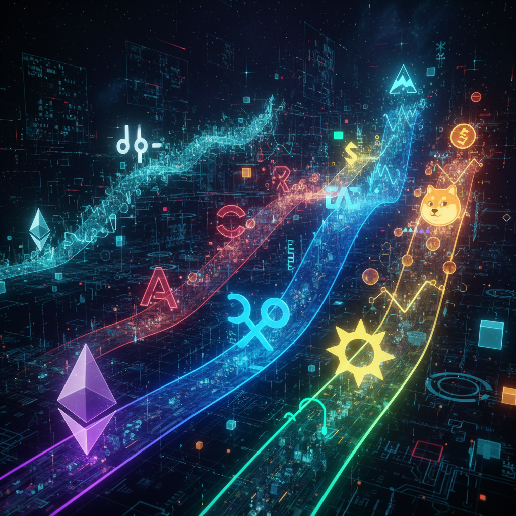 A visually rich and symbolic composition showing various stylized, glowing altcoin symbols (e.g., Et