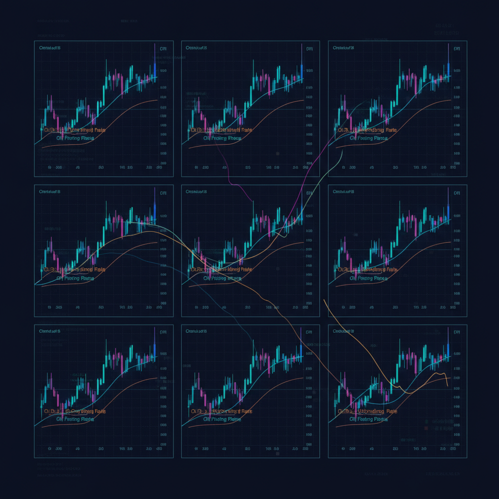 A sophisticated digital interface displaying a grid of several distinct cryptocurrency altcoin chart