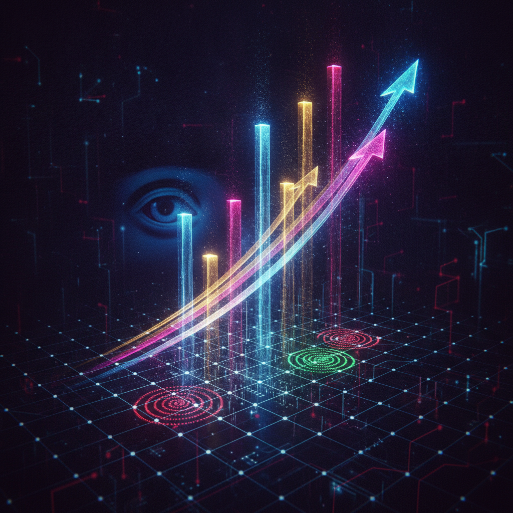 An abstract visual representation of surging altcoins in a digital financial market. Multiple glowin