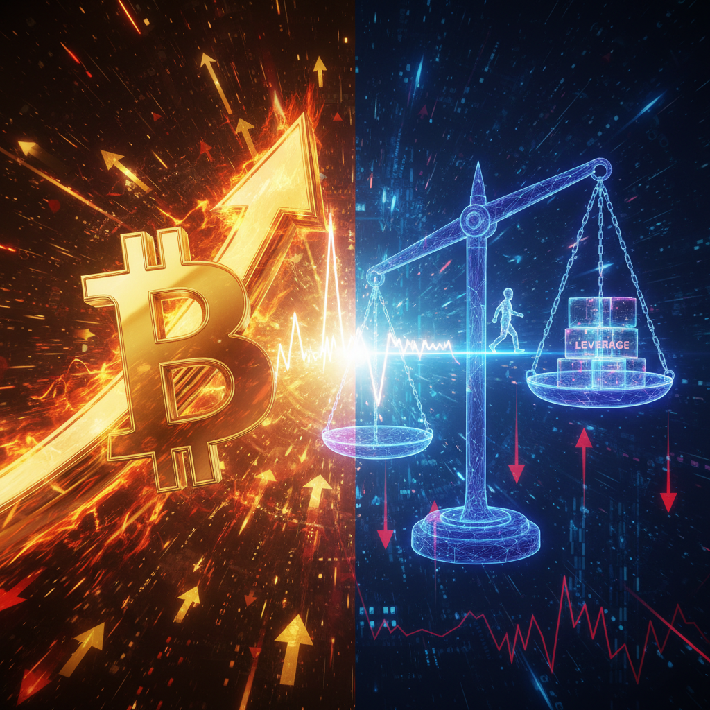 A striking conceptual digital artwork visualizing the duality of Bitcoin's market. On the left, a po