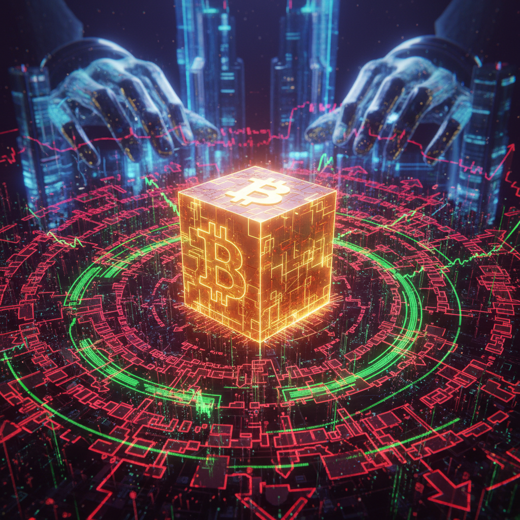 A powerful, glowing Bitcoin symbol, depicted as a solid, unyielding structure, stands firmly in the 