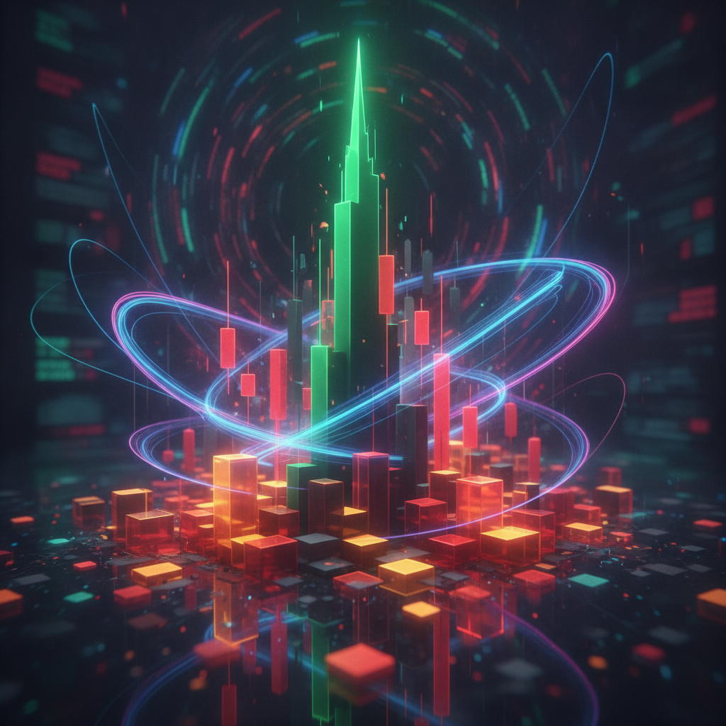 An abstract and dramatic visualization of extreme price volatility in an altcoin. A towering, sharp 
