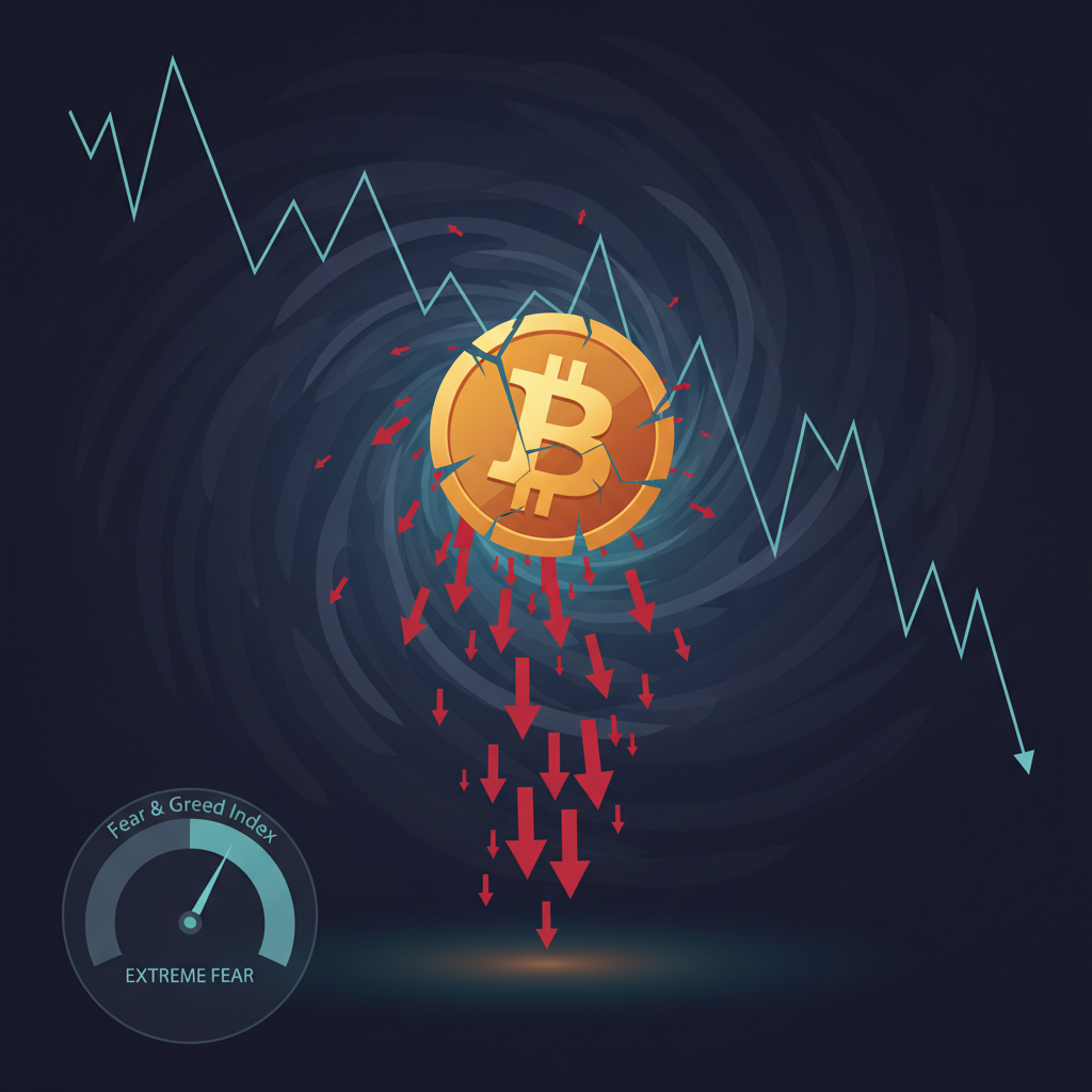 A dramatic digital illustration depicting the 'Fear' sentiment in the Bitcoin market. A prominent, s