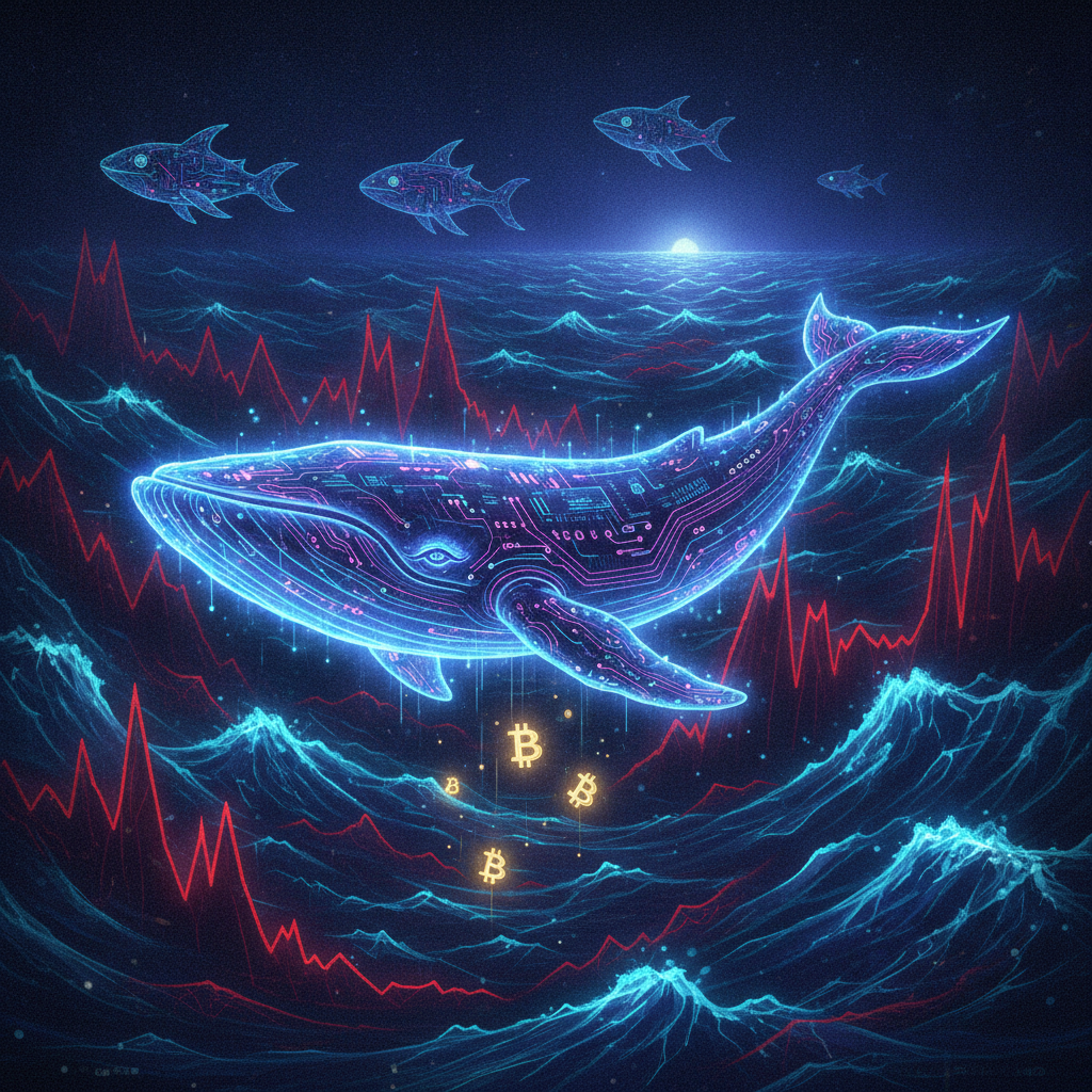 A majestic, glowing digital whale, composed of intricate circuit patterns and light, calmly swimming