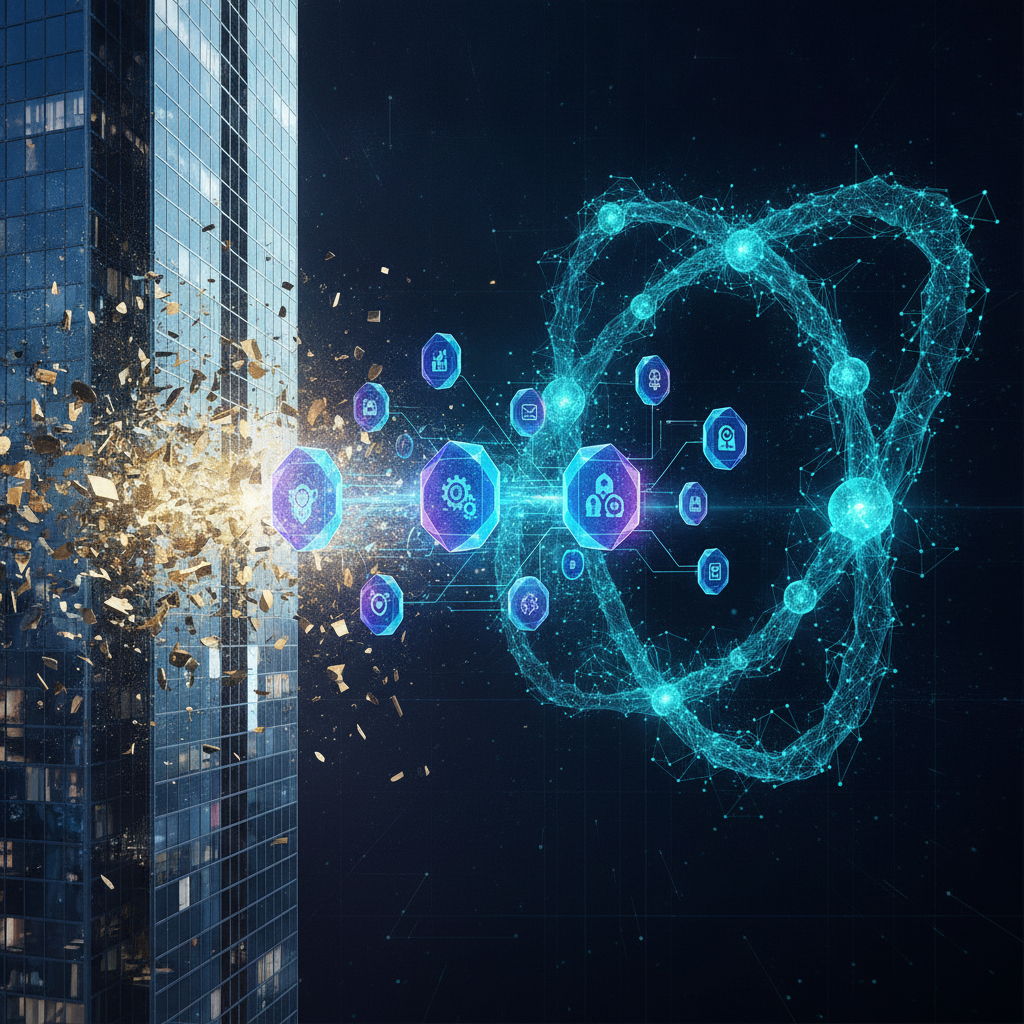 A sophisticated and futuristic illustration of technological convergence. Abstract representations o