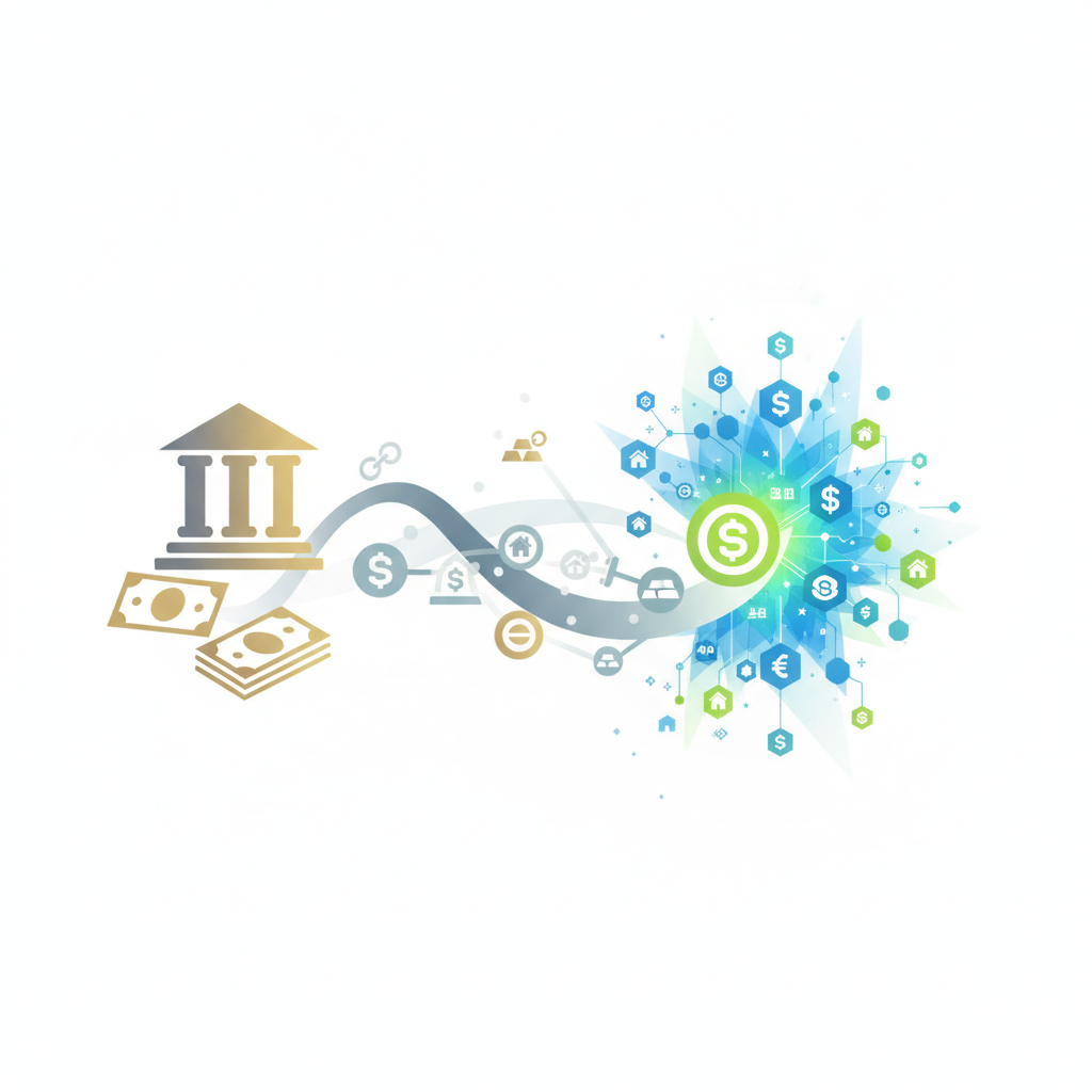 A modern, abstract digital illustration depicting the seamless fusion of traditional finance and blo