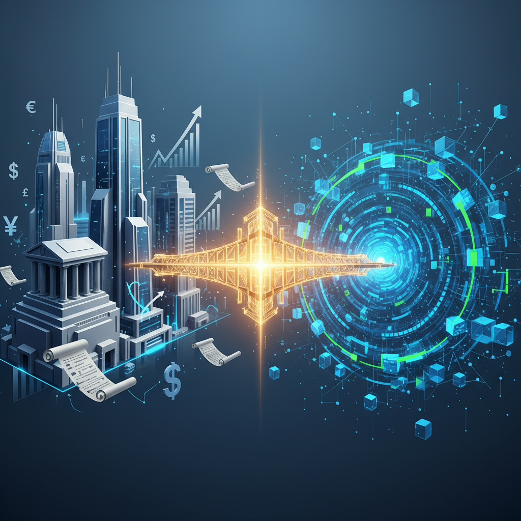A futuristic and symbolic image illustrating the seamless integration of traditional finance with bl