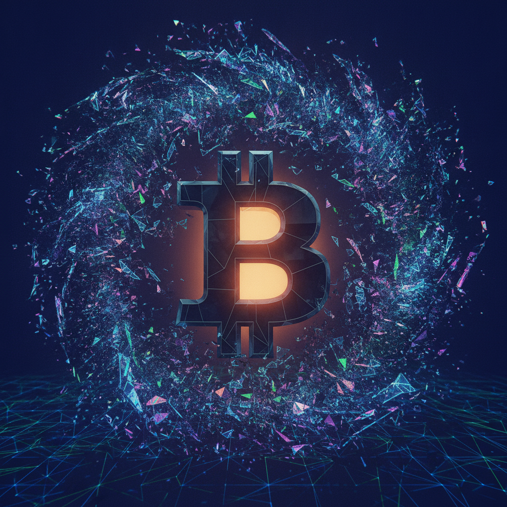 A powerful, stylized Bitcoin symbol (B) standing strong and resilient at the center. It emits a stea