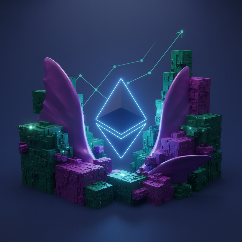 A prominent, stylized Ethereum logo (triangle) radiating a steady, deep blue glow, positioned at the