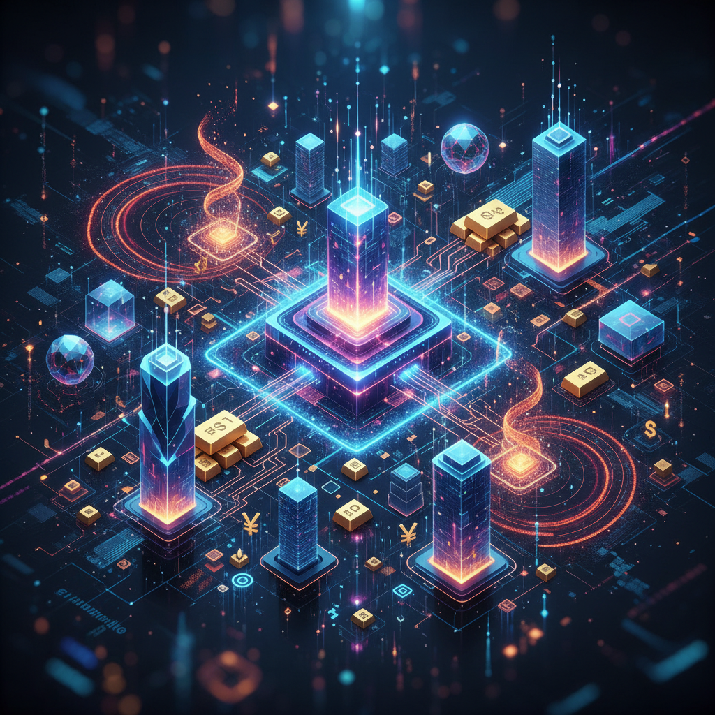 A futuristic and interconnected blockchain ecosystem. Digital representations of real-world assets (