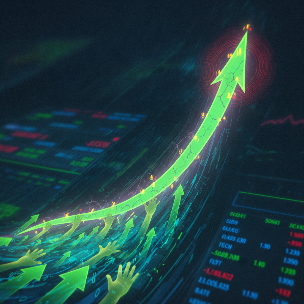A vivid digital art illustration capturing the concept of 'overheated' market sentiment. A stylized,